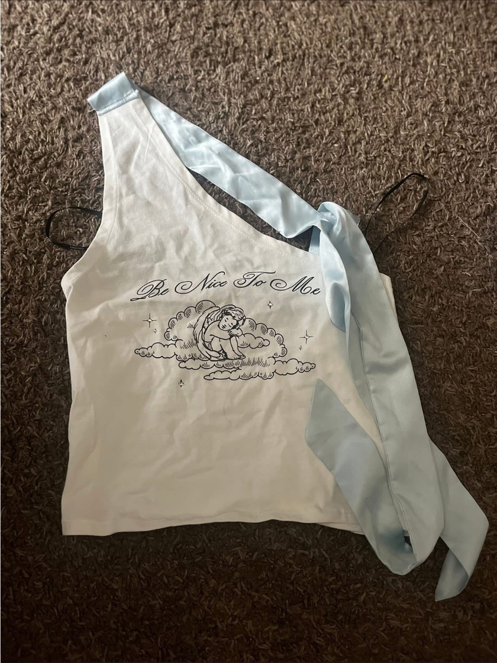 Forever 21 White Graphic Bandeau Tank with Light Blue Ribbon Strap